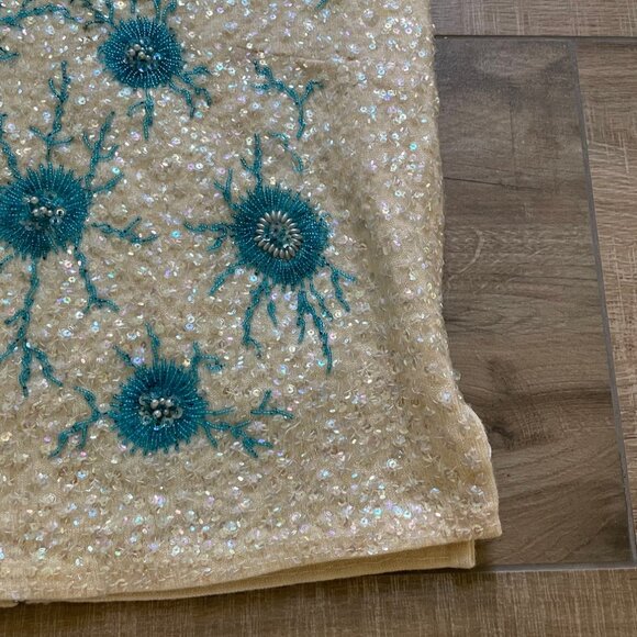 Vintage Beaded Sequin Top Womens Large Cream Blue Ocean Cell 60s Mad Men Mermaid - Picture 4 of 15